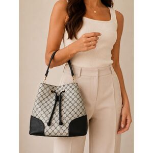 Le Bag Monogram Drawstring Bucket Tote Bag Black Cream Shoulder Purse NWT